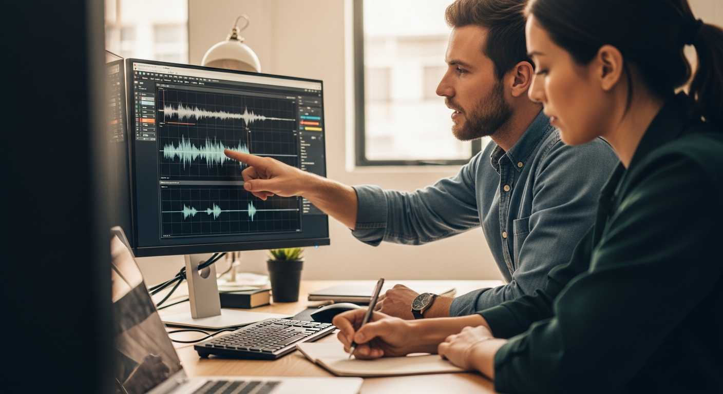 A problem-solving session with two colleagues at a workstation, one pointing at audio waveforms on screen while the other takes notes, in a collaborative workspace