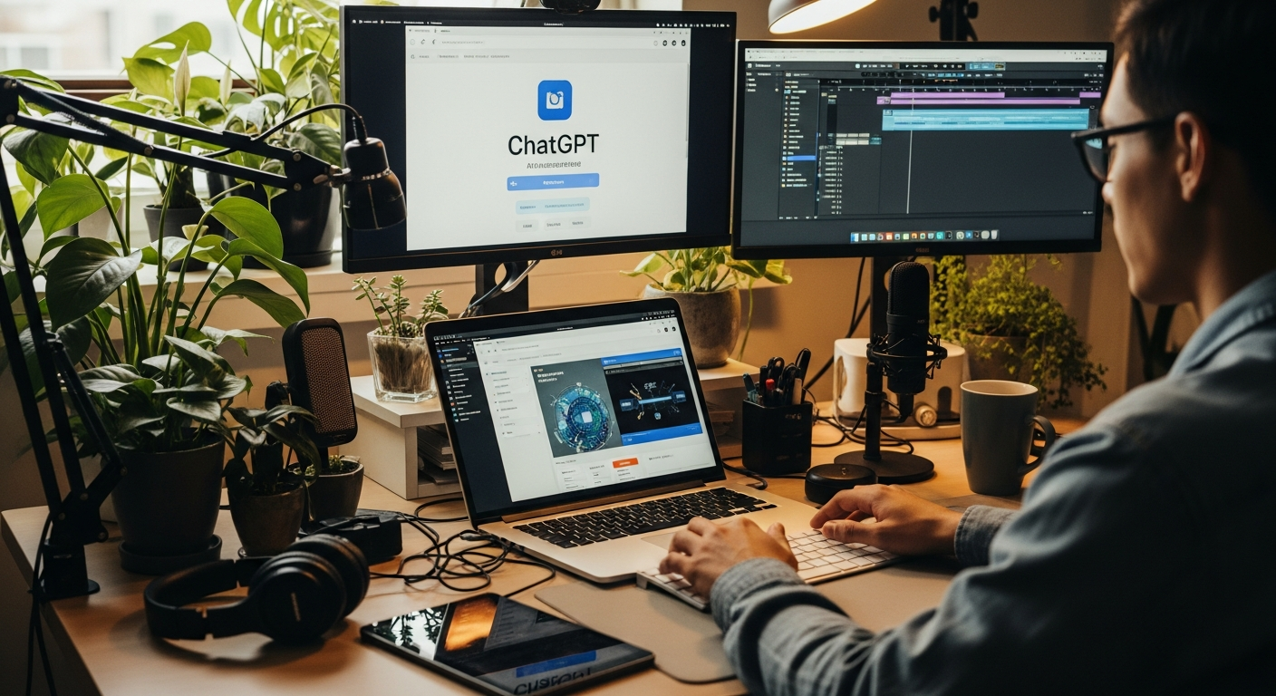 A tech-savvy freelancer at a modern desk setup using ChatGPT on a laptop, with audio editing software open on a second monitor, surrounded by tech gadgets and plants