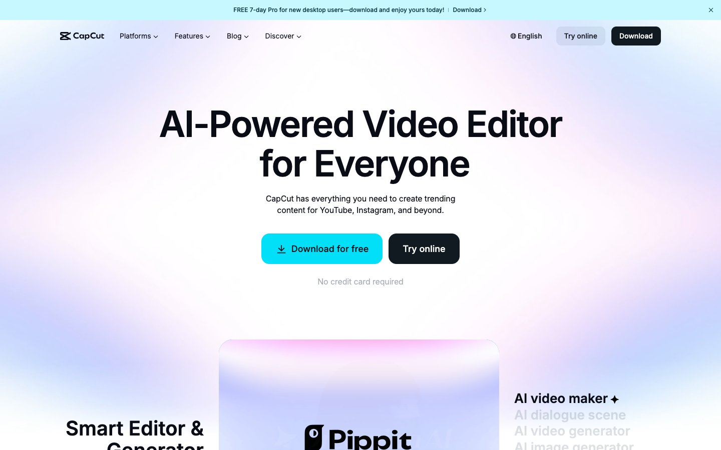 Screenshot of the CapCut homepage showing its main interface and features