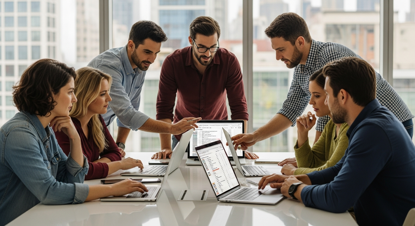 A diverse team of content creators collaborating around a conference table with laptops open, reviewing video transcription results together, modern office setting with large windows