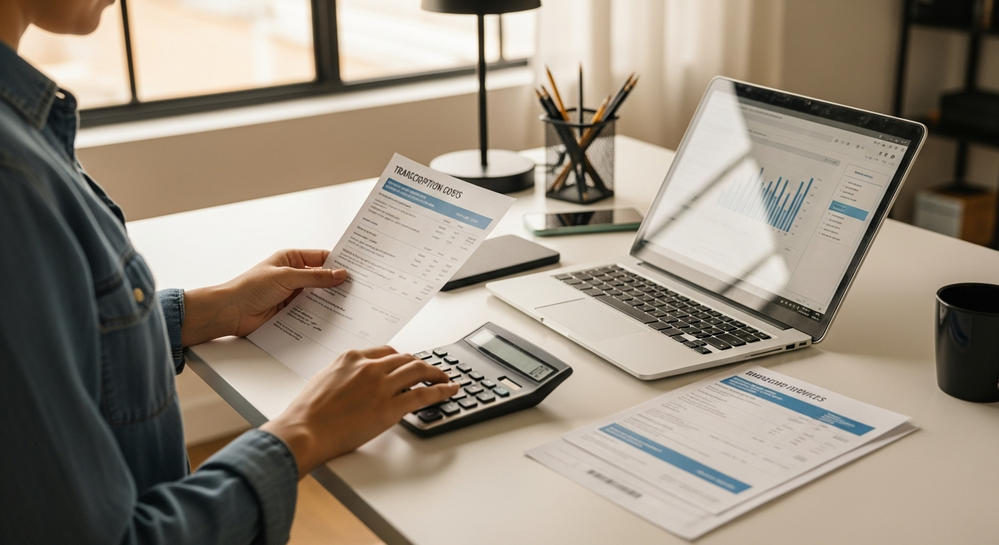 A small business owner at a standing desk calculating transcription costs on a calculator while reviewing invoices from different services, modern minimalist office setup