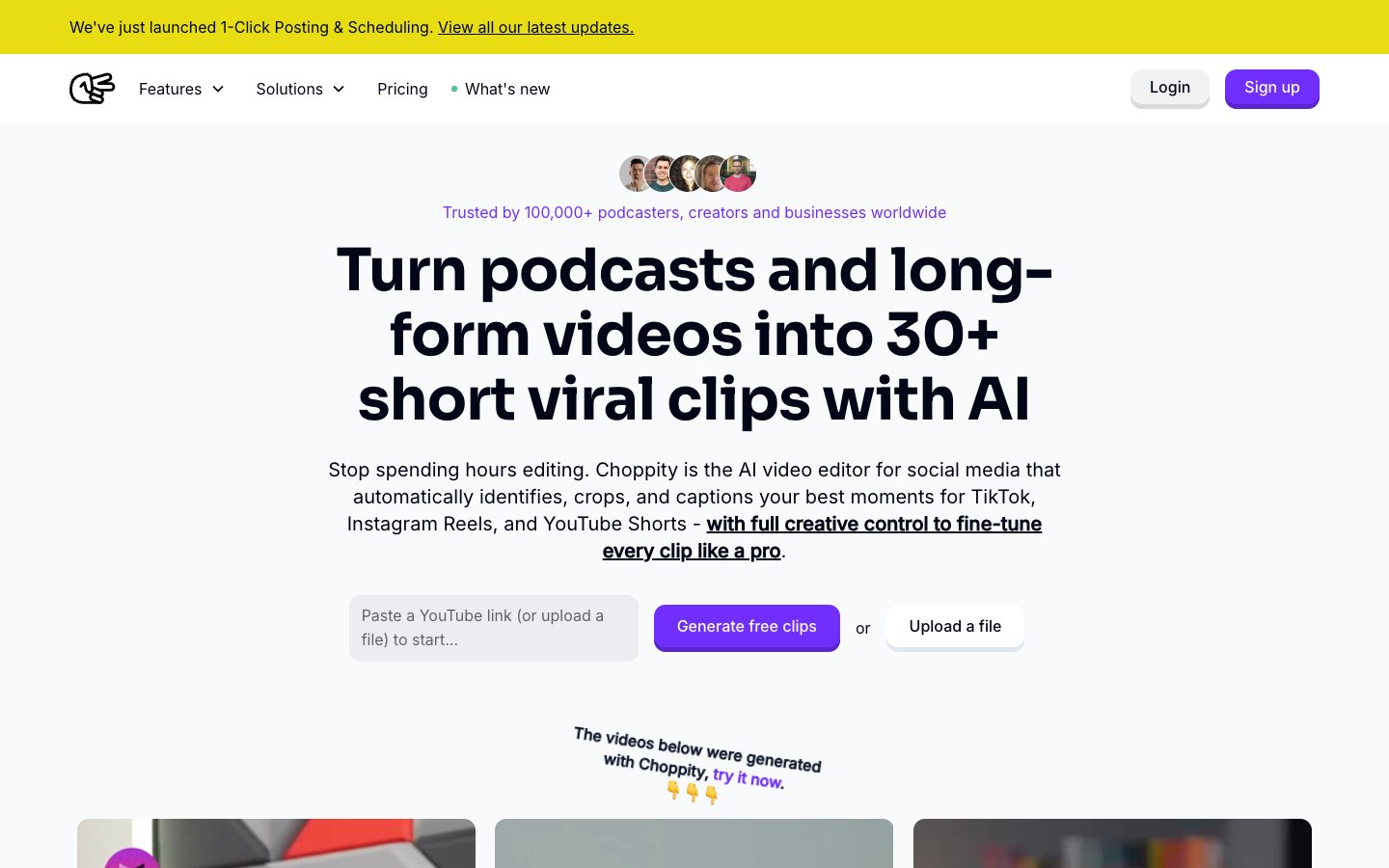Screenshot of the Choppity homepage showing its main interface and features