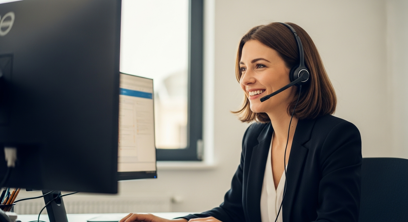 A helpful customer service representative with shoulder-length brown hair smiling while answering questions on a headset, sitting at a modern desk with multiple screens in a bright, professional office environment