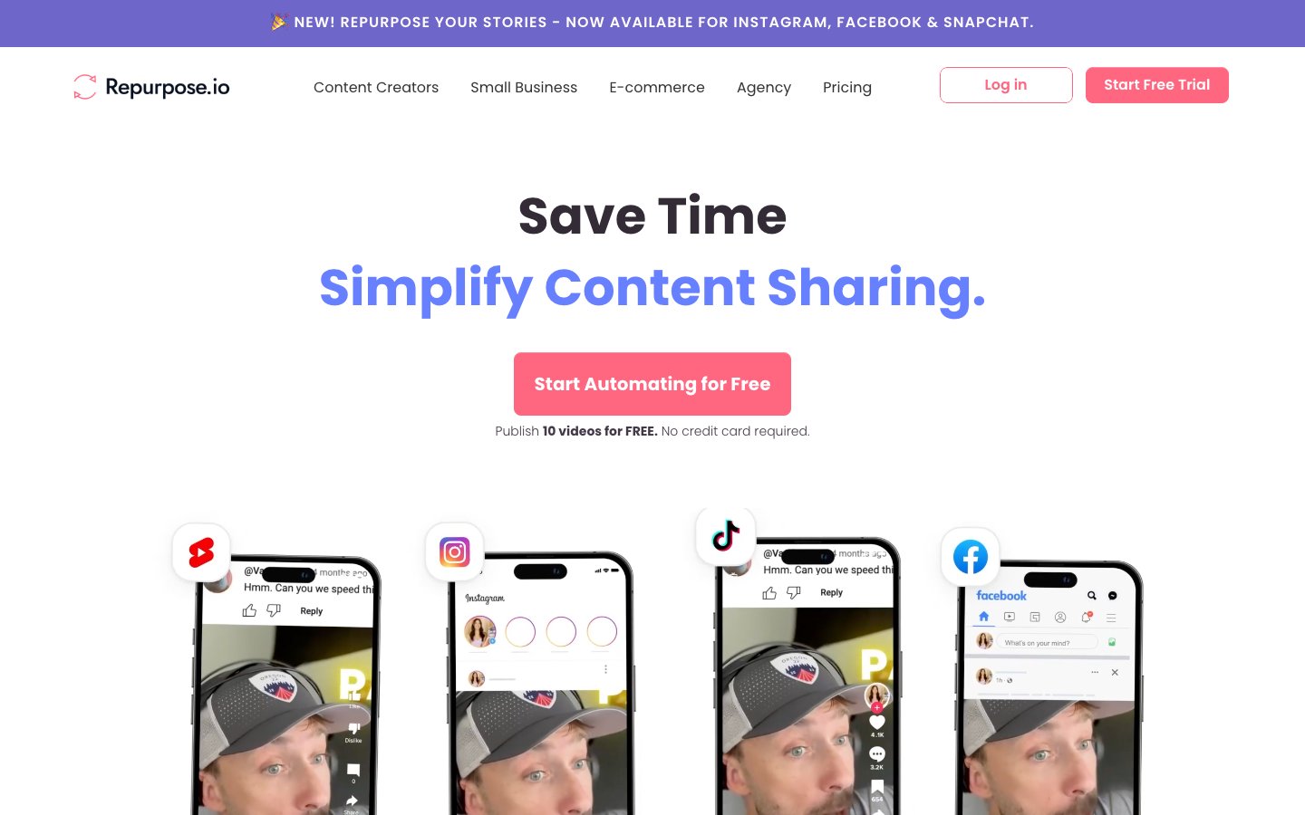 Screenshot of the Repurpose.io homepage showing its main interface and features