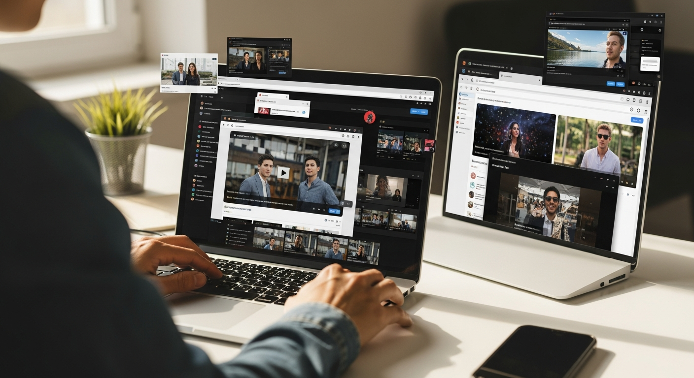 A content creator sitting at a clean desk reviewing AI-generated video clips on a laptop, with multiple social media platforms open in browser tabs, natural lighting and organized workspace