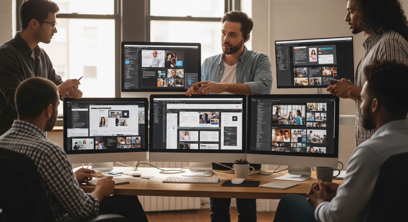A helpful customer support representative in a modern office setting, surrounded by multiple monitors showing various AI tools and content examples, explaining concepts to a diverse group of content creators