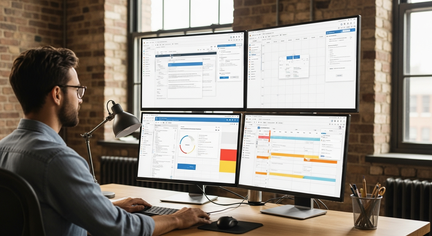A content operations manager working with multiple screens showing batch processing software, content calendars, and social media scheduling tools in a modern digital marketing office