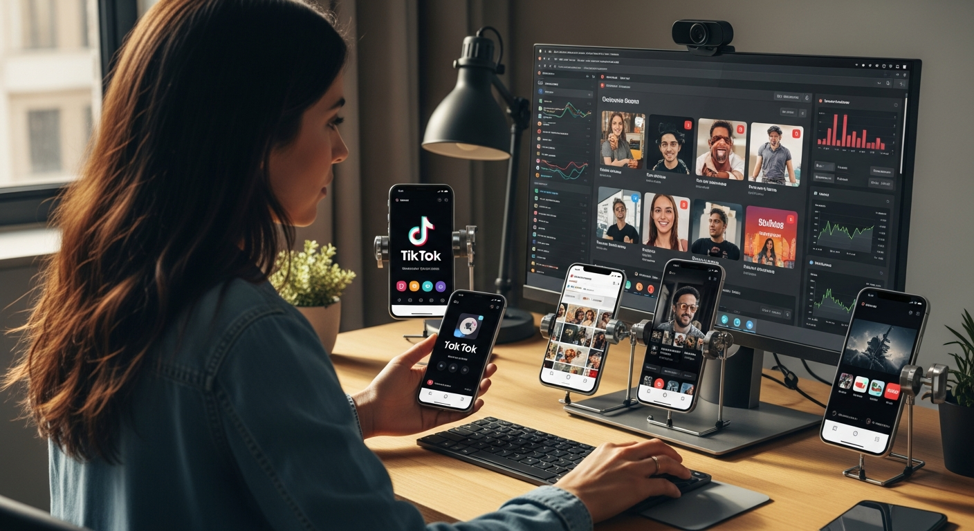 A social media strategist working with multiple phones displaying different platforms - TikTok, Instagram, YouTube Shorts - while optimizing video content for each, with platform-specific analytics and performance data visible on her computer