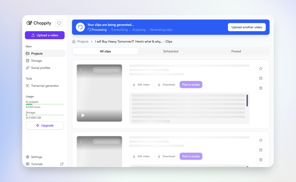 Faster processing, multi-video uploads, and better clip organization