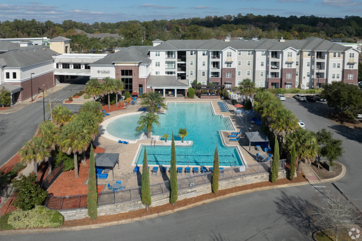birds eye view of exterior and pool