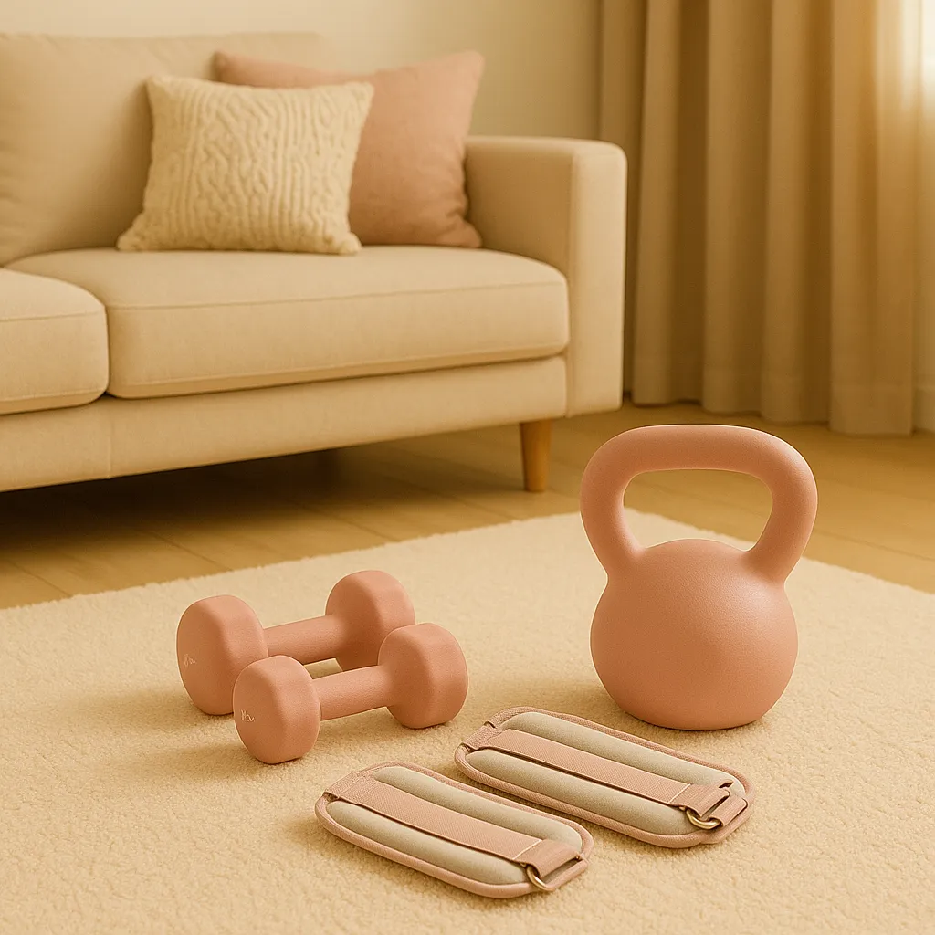 Aesthetic home Pilates setup with pink dumbbells, kettlebell, and ankle weights on a beige carpet in a cozy living room. Minimalist fitness equipment perfect for Pilates Reformer workouts, toning, and home exercise routines.