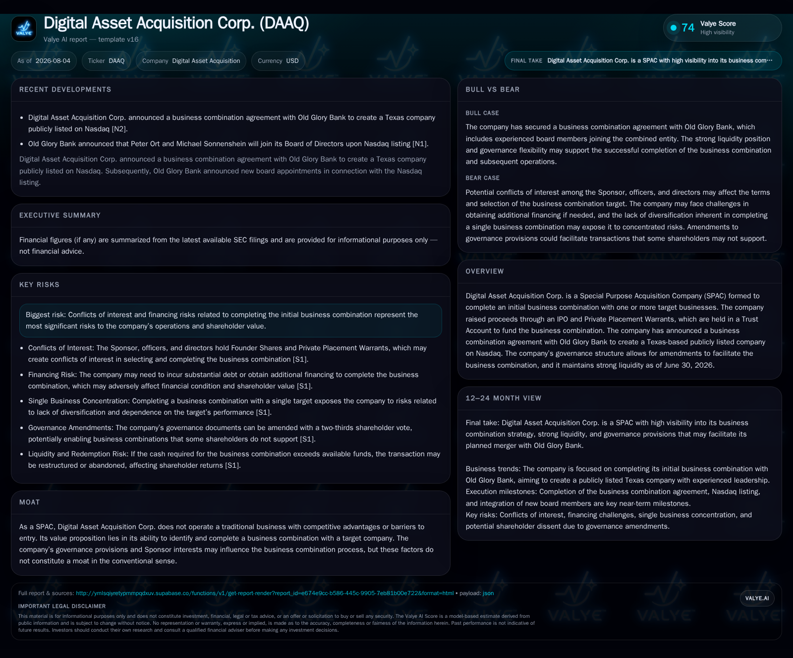 Digital Asset Acquisition’s Path to Completing Business Combination with Old Glory Bank