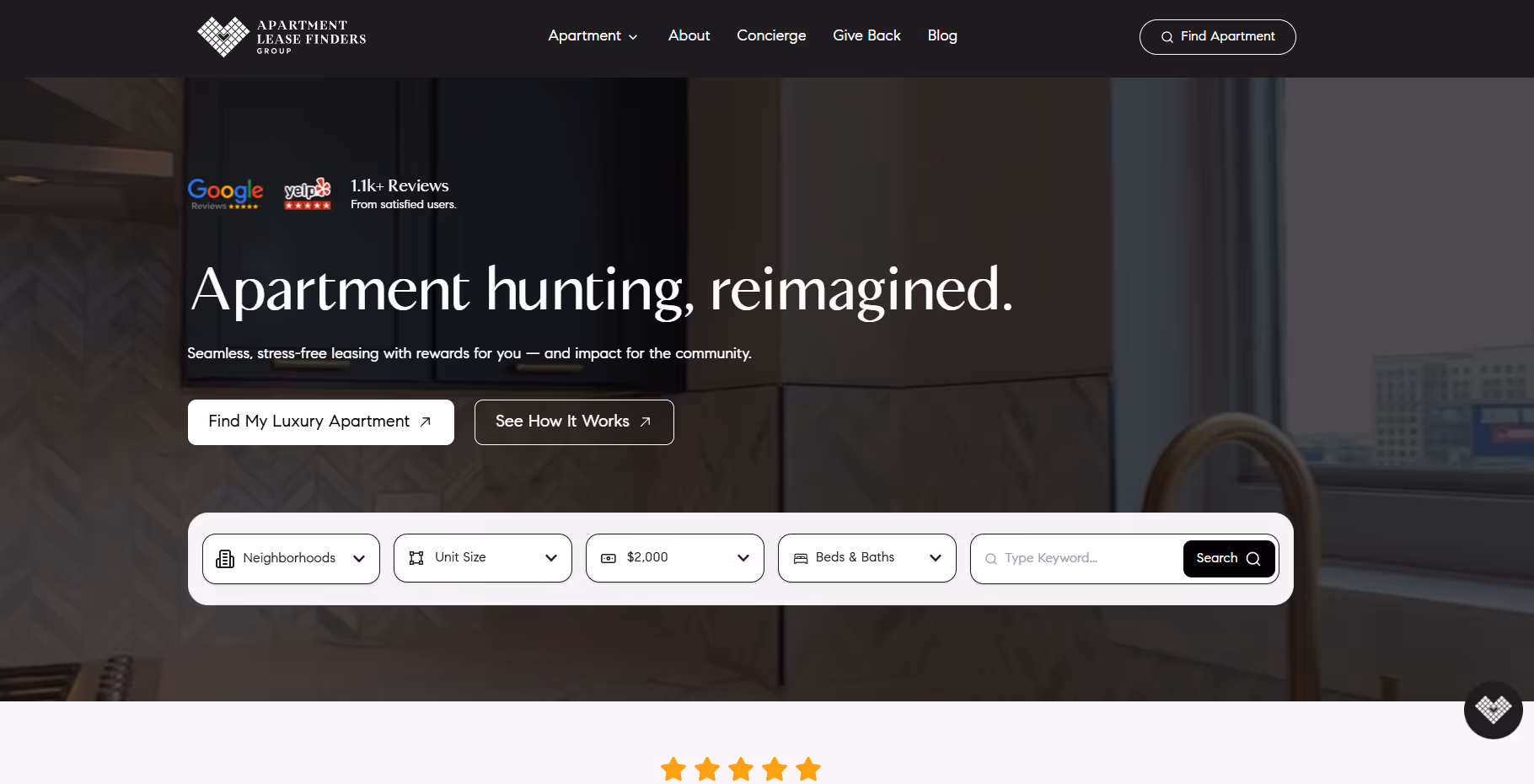 Apartment Lease Finders Group homepage with search filters for neighborhoods, unit size, price, beds and baths, and keyword, over a kitchen background.