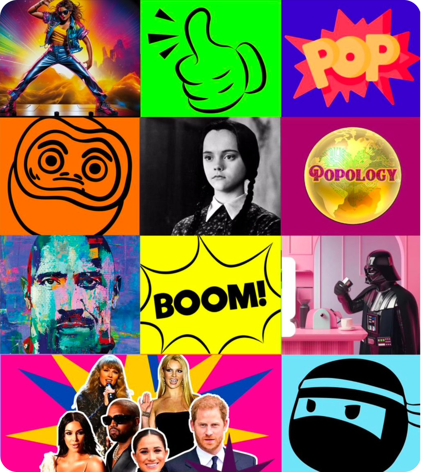 Colorful 3x4 grid collage with diverse pop culture images including a dancer, thumbs up icon, POP graphic, cartoon face, black-and-white portrait of a girl with braids, Popology globe, abstract portrait, BOOM! comic text, Darth Vader drinking coffee, six celebrities on a pink background, and a ninja icon.
