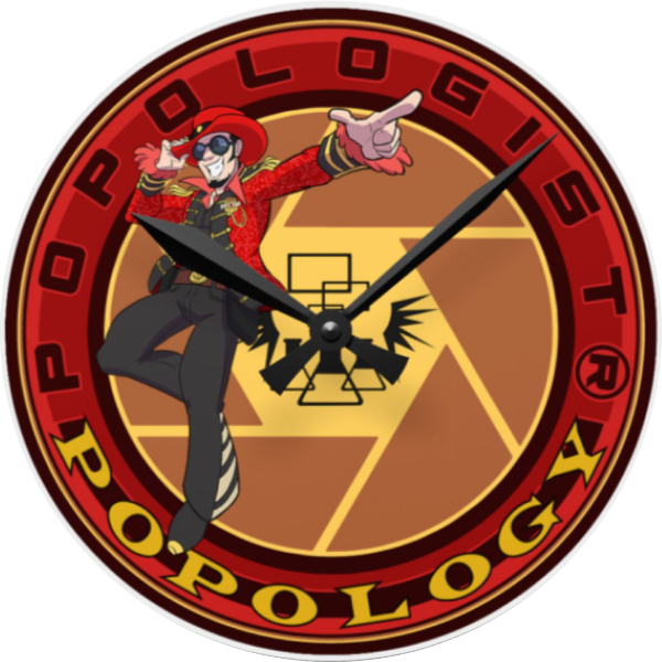 Clock featuring a dancing cartoon character in a red jacket and hat with round sunglasses, set against a red and gold circular emblem with the text Popologist around the edge.