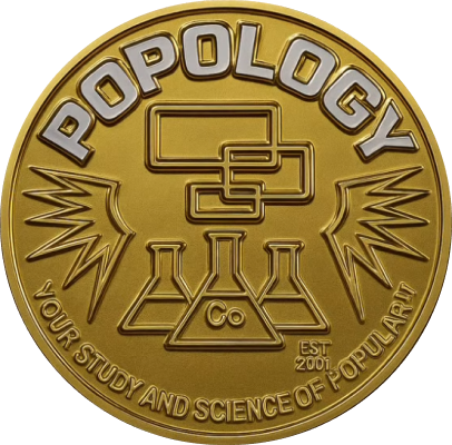 Gold coin with the word POPology, three interconnected lab flasks with 'Co', and text reading 'Your Study and Science of Popular' and 'EST 2001'.