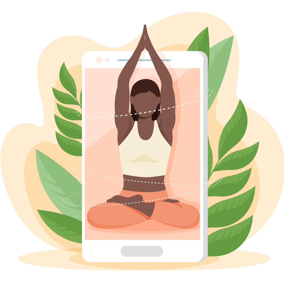 Illustration of a person practicing yoga in a meditation pose with hands raised, shown within a smartphone screen surrounded by green leaves.