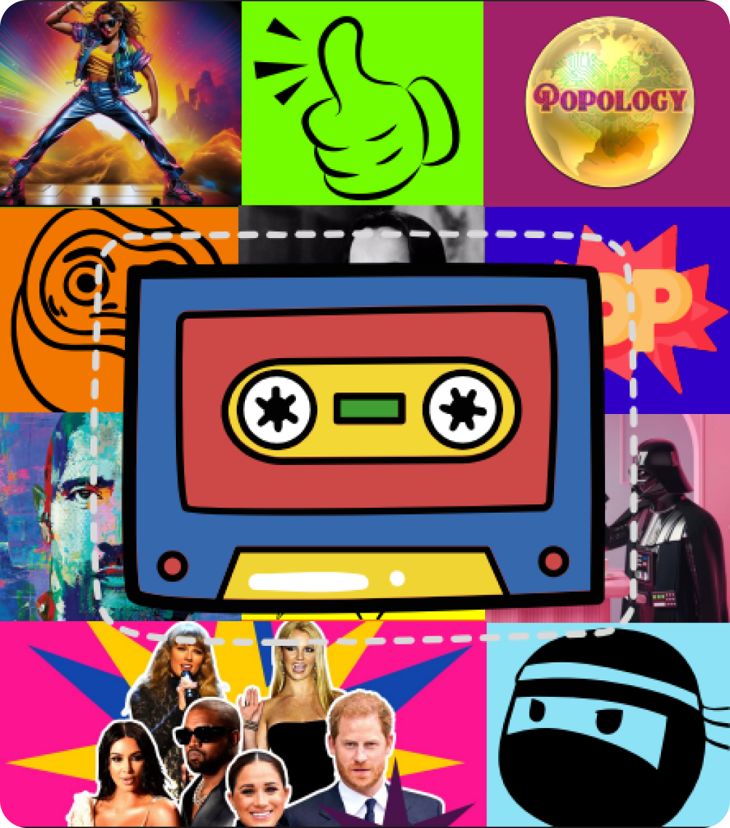 Colorful collage featuring a dancing woman, thumbs-up icon, Popology logo, abstract ear, black and white portrait, comic-style pop text, painted face, Darth Vader, group of celebrities, and a ninja cartoon surrounding a central retro cassette tape illustration.