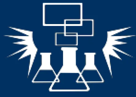 White laboratory flasks and test tubes with interconnected rectangles and starburst shapes on a dark blue background.