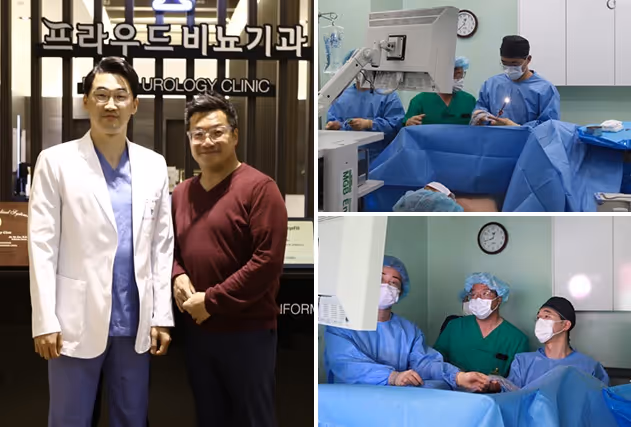 Collage showing two men standing in front of a urology clinic and medical staff performing and monitoring a surgical procedure in an operating room.