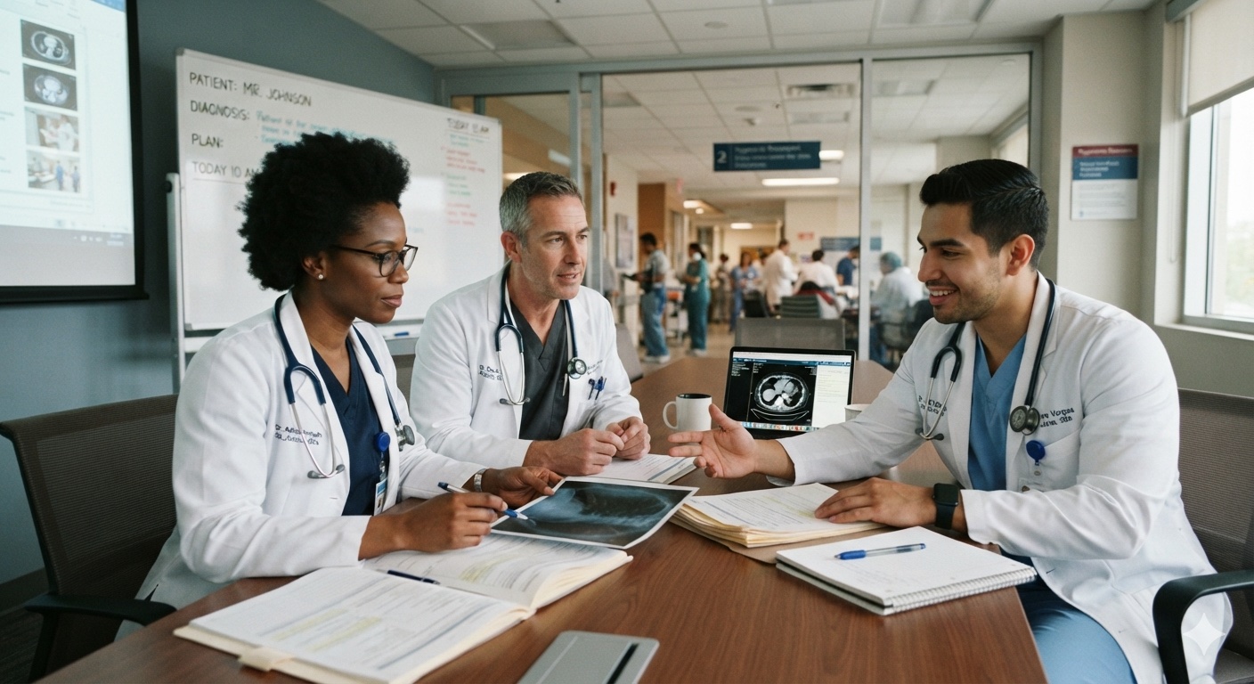 A clinical care team reviewing a patient together