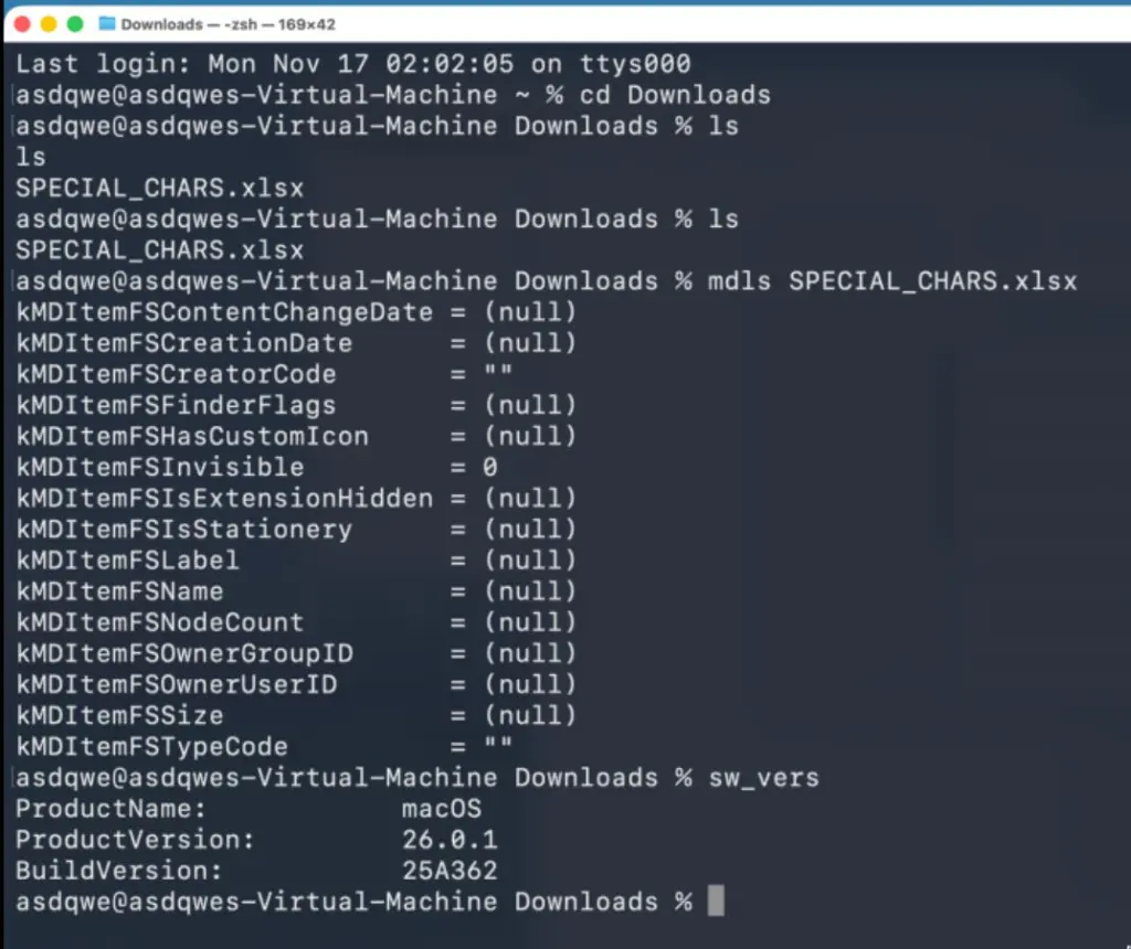 macOS Tahoe 26.0.1 terminal showing mac extended attributes patched with kMDItemWhereFroms returning null values