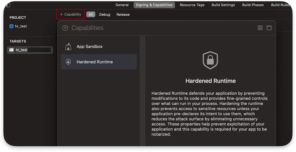 macOS Hardened Runtime configuration in Xcode showing zero day vulnerability protection settings