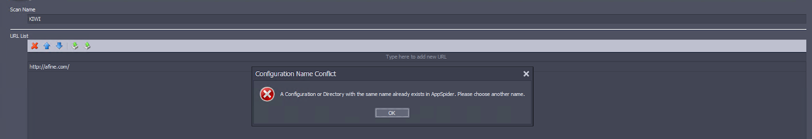 AppSpider duplicate name validation error