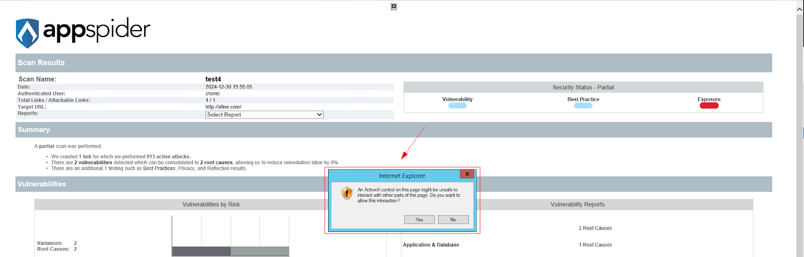 Internet Explorer ActiveX security warning in AppSpider report