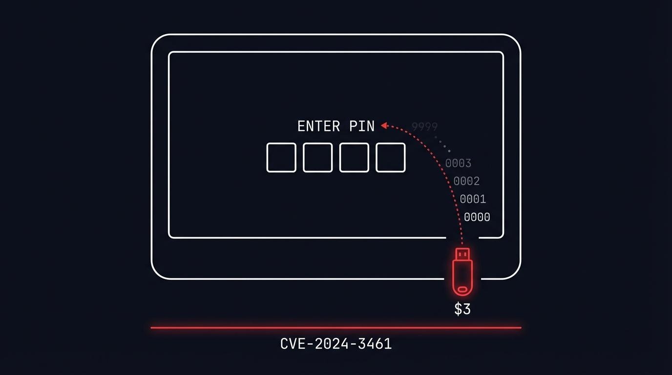 Attiny85 Digispark USB HID attack device plugged into a kiosk USB por
