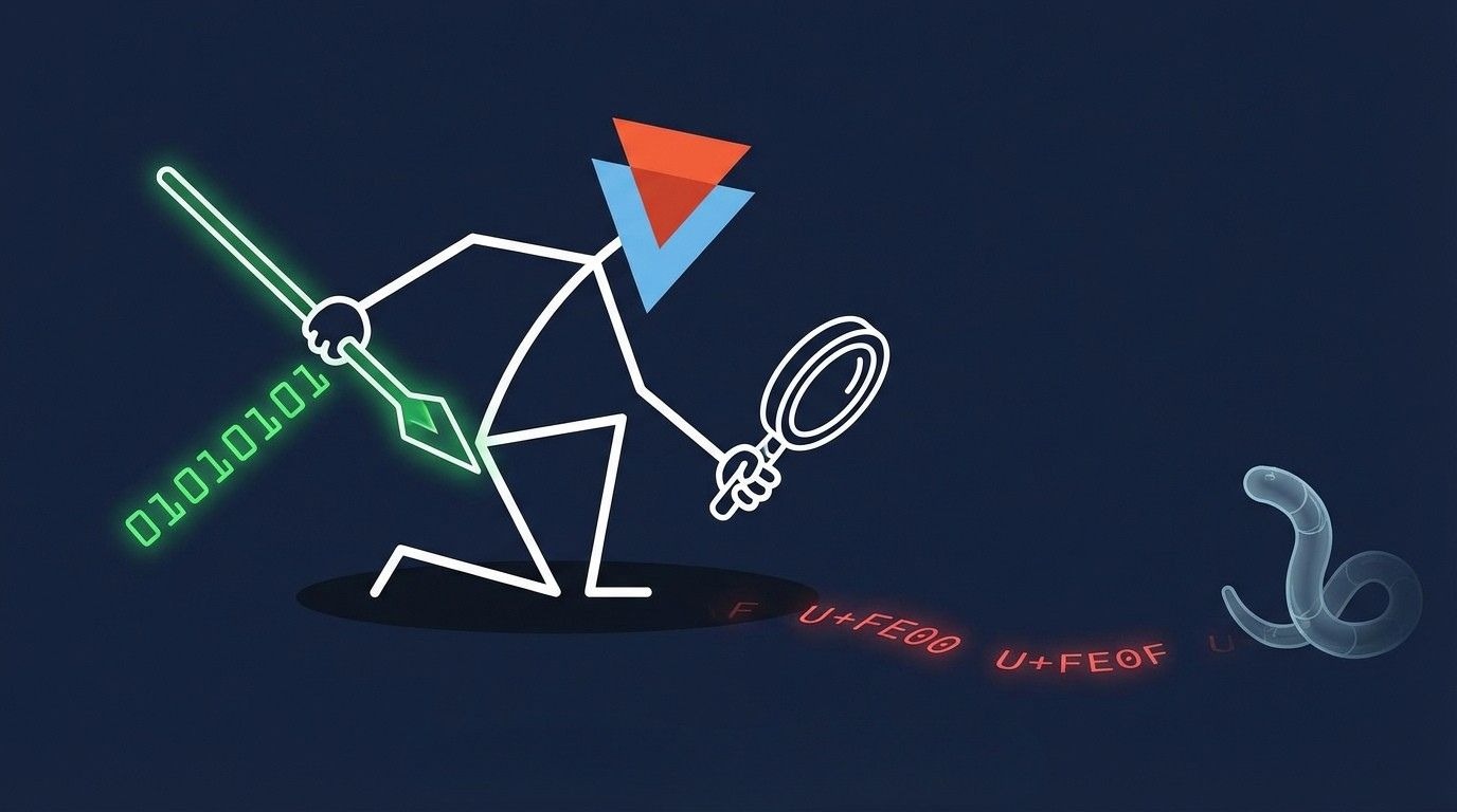 AFINE security researcher hunting GlassWorm – stickman with spear and magnifying glass tracking invisible supply chain worm traces