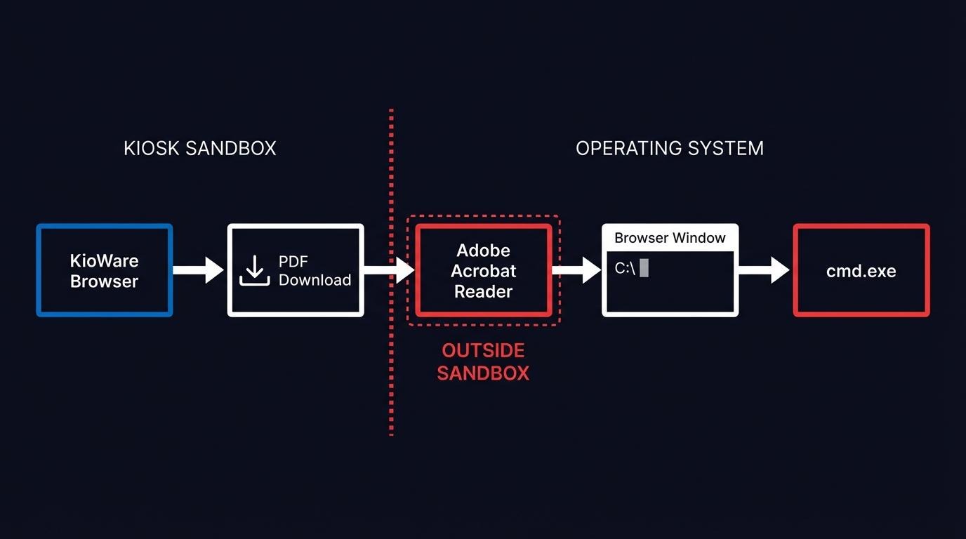 Flow diagram showing the kiosk sandbox escape path: KioWare Browser to PDF Download to Adobe Acrobat Reader (outside sandbox) to Browser Window to cmd.exe, with a dashed line separating the Kiosk Sandbox zone from the Operating System zone