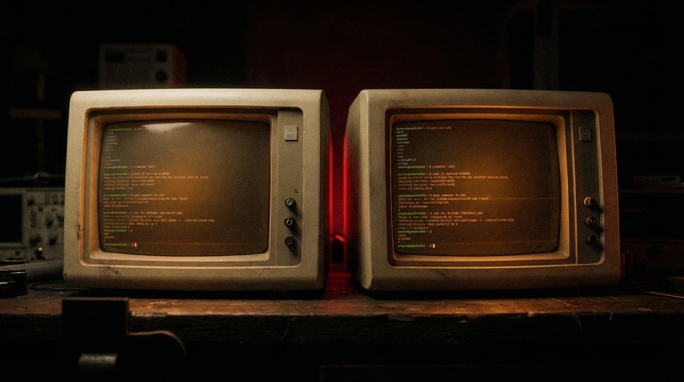 Two identical vintage CRT monitors side by side on a dark desk, a narrow gap of shadow between them faintly lit crimson - the race window made physical, matched to the img-1 cinematic aesthetic.