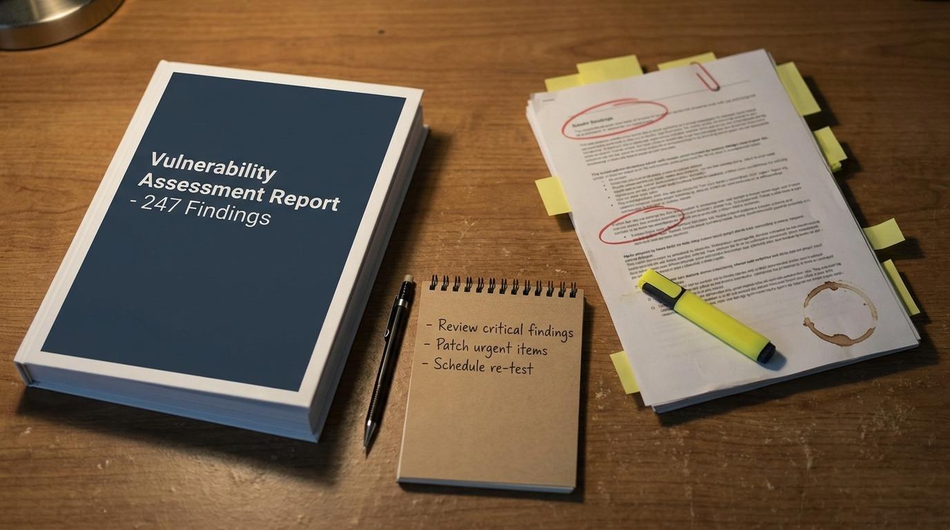 An overhead photographic shot of a real desk where a security buyer is comparing two printed pentest reports side-by-side - one thick and untouched, the other dog-eared with sticky notes, highlighter marks, and red pen annotations.