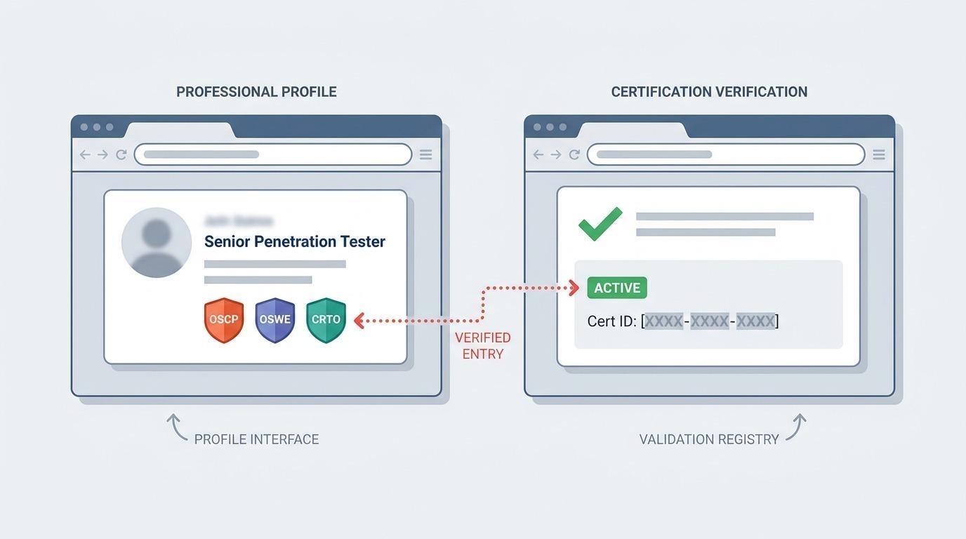 An annotated screenshot-style mockup of a tester's LinkedIn profile and a cert verification page side by side. Shows what a buyer should literally do - take a name from a proposal, verify the OSCP/OSWE/CRTO badge IDs on the issuing body's registry. The image illustrates the verification action, not an abstract concept.