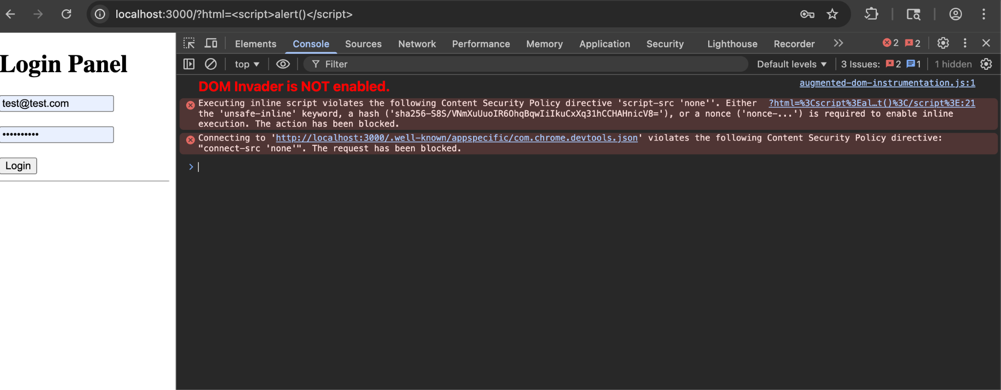 Wstrzyknięcie kodu JavaScript zostaje od razu zablokowane