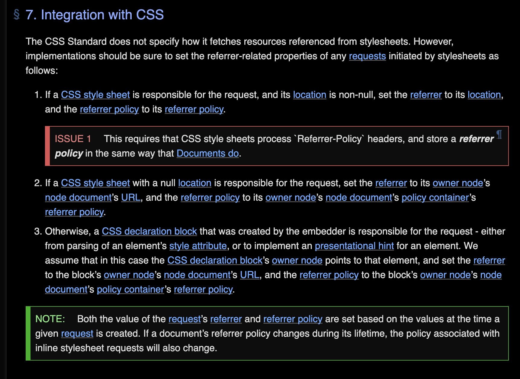 The CSS Standard, Section 7 (Integration with CSS). A request initiated by a stylesheet takes the stylesheet's own location as its referrer, not the page that linked it.