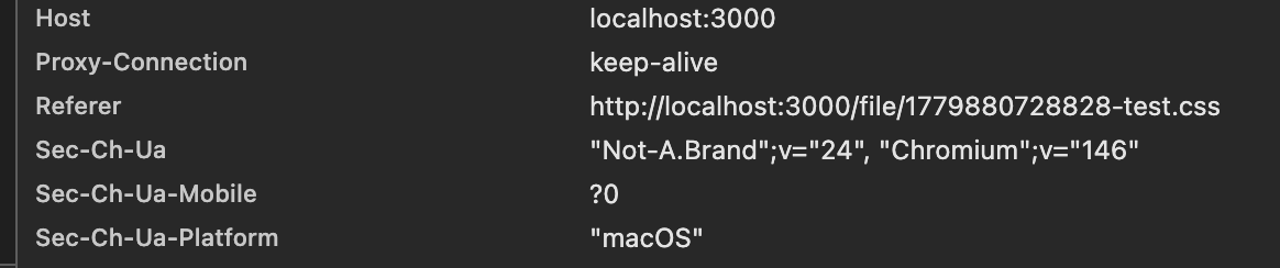The request headers. The Referer is the uploaded stylesheet's URL on the target, not the attacker's page that triggered the load.
