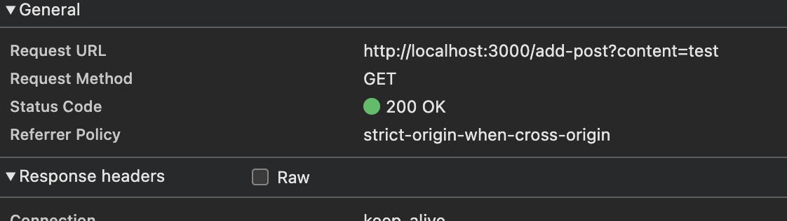 The url() request to /add-post completes with 200 OK under the default strict-origin-when-cross-origin policy.