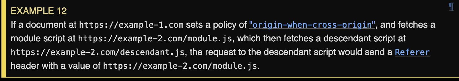 The HTML Standard on module referrers. A descendant request made by a linked module carries the module's URL as its Referer, mirroring the CSS behavior.