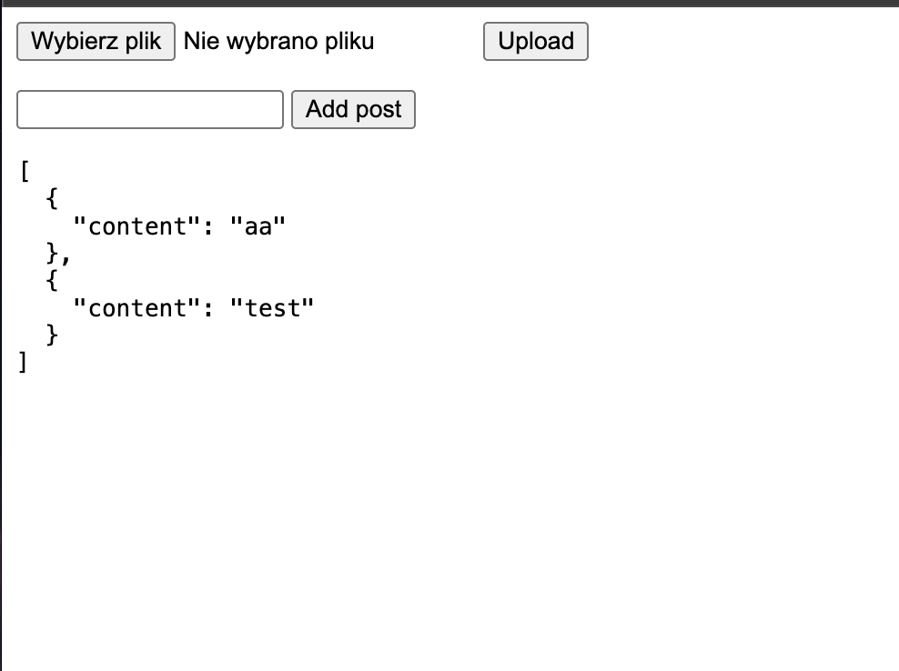 The second test application: a file upload and a Referer-guarded GET endpoint that appends posts.