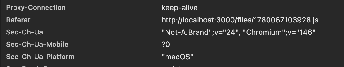 The request headers on the successful attack. The Referer is the uploaded .js module's URL on the target, produced entirely from the attacker's page.