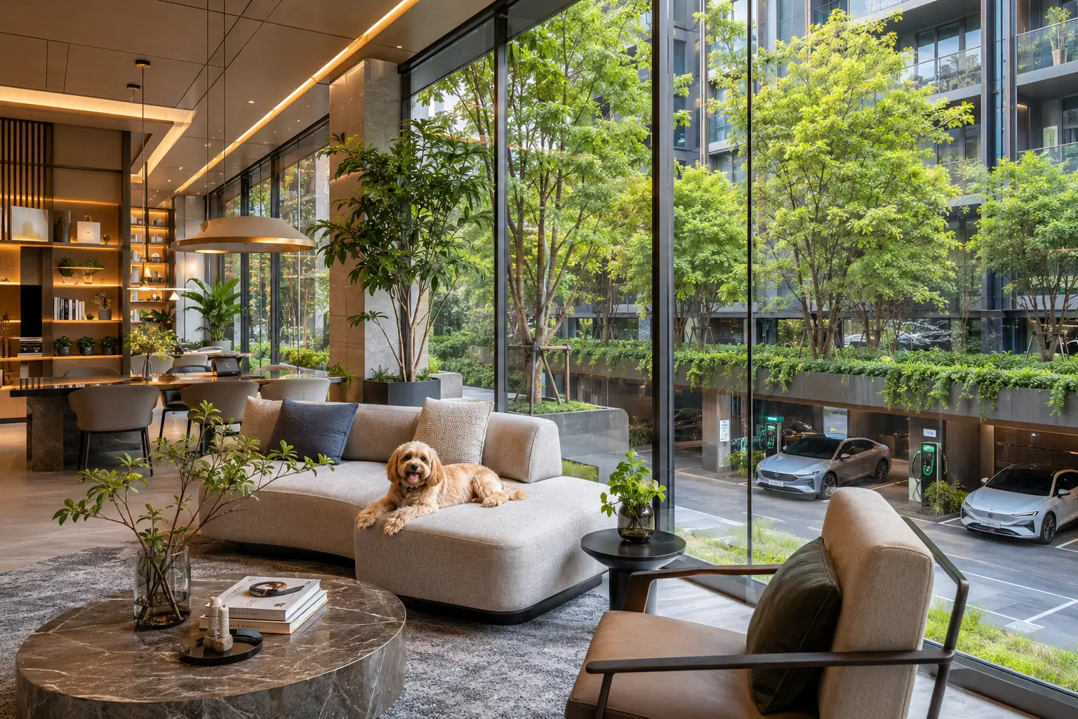 Luxury pet-friendly condo in Bangkok — Corner Ratchathewi lobby with floor-to-ceiling windows, a dog on the sofa, and an EV charging area outside