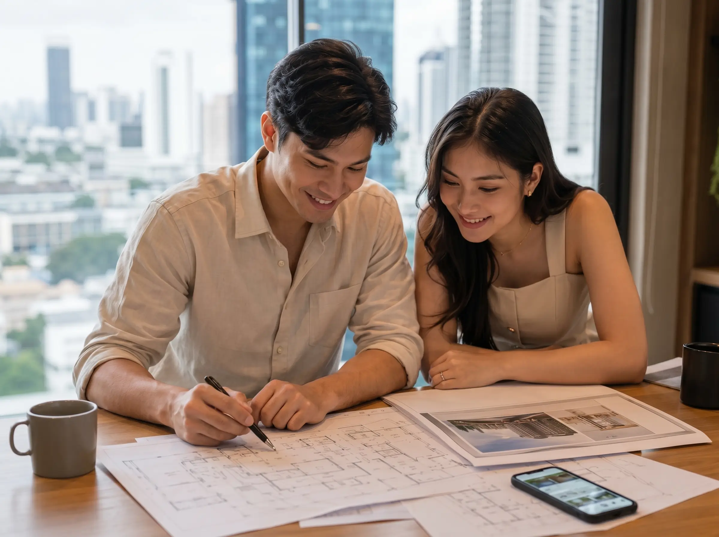 A couple reviewing a floor plan together while choosing a condo in Bangkok, with a high-rise city skyline visible through the window behind them