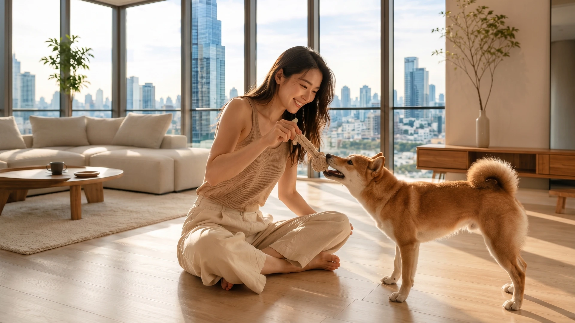 หญิงสาวเล่นกับสุนัข Shiba Inu ในห้องนั่งเล่นคอนโด 100 ตรม พื้นที่กว้าง วิว skyline กรุงเทพฯ
