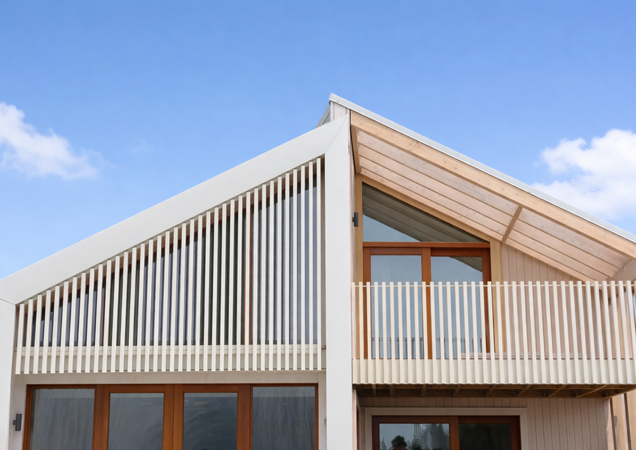 Modern single-story house with white and wooden exterior set against rolling green hills at dusk.