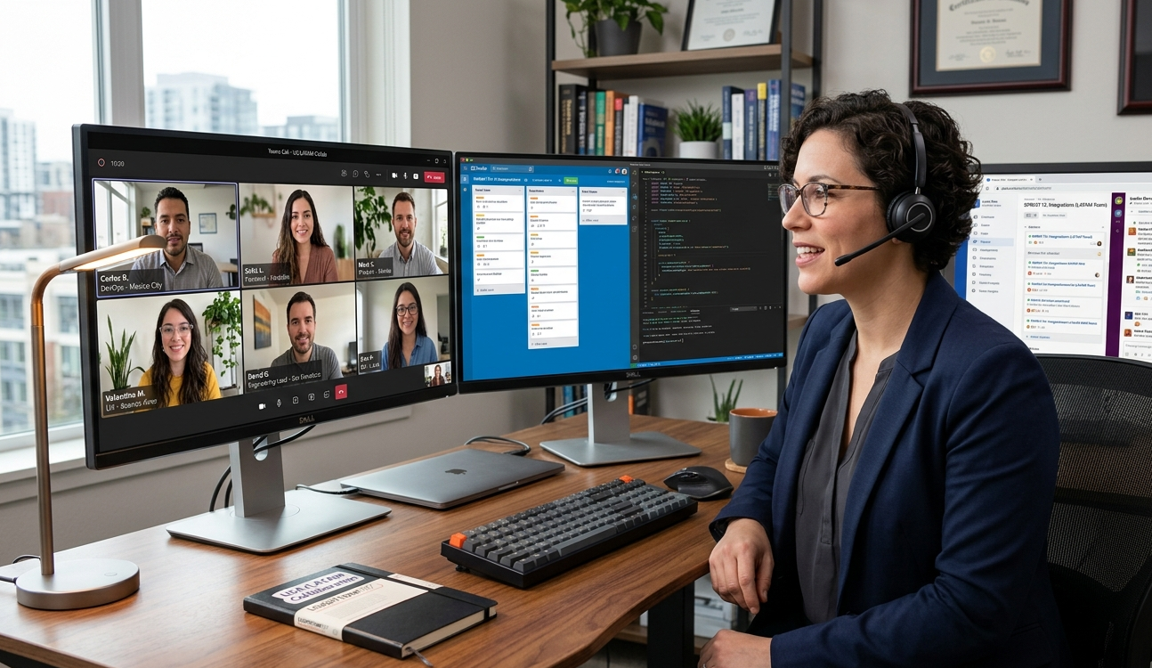 The image shows a professional woman wearing a headset and glasses, actively participating in a remote video conference with six colleagues, displayed on a large monitor. She is seated at a modern workstation equipped with three large monitors; besides the video call screen, the other monitors show project management tools using Kanban boards and code editors, indicating multitasking involving project tracking and software development. The workspace is organized, featuring a wireless keyboard, mouse, a laptop, a desk lamp, and a notebook labeled 'UCLA AAM Academy.' The background includes bookshelves with books, plants, and framed certificates reflecting a professional and well-established home office or remote work environment.
