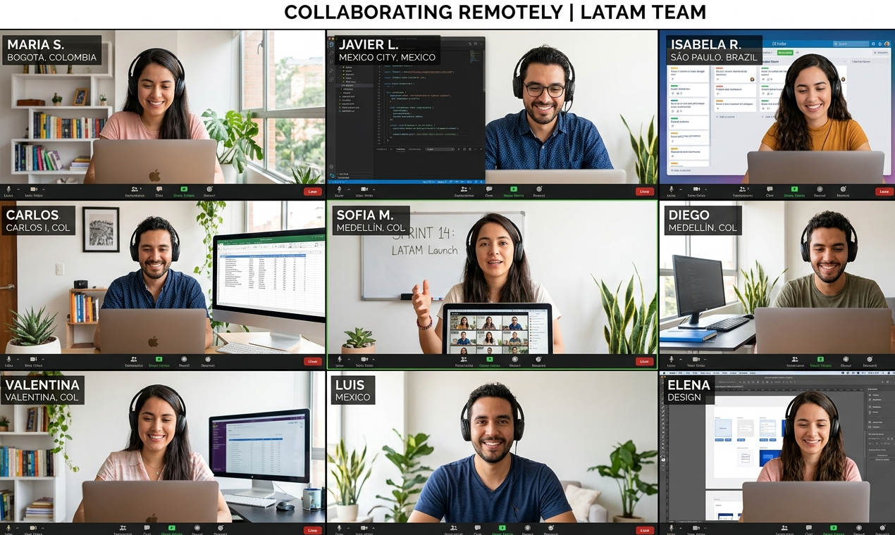 The image shows a virtual video conference among members of a Latin American (LATAM) remote team collaborating from various locations. There are nine participants displayed in a grid layout, each in different home or office settings with their laptops and headphones, indicating active engagement in the virtual meeting. The participants are labeled with their names and locations including cities such as Bogota, Mexico City, Sao Paulo, Medellin, and Mexico, emphasizing the geographical diversity of the team. The background displays computer screens with work-related content such as coding, spreadsheets, and design work, showcasing various professional roles within the team. This image is useful for illustrating remote work, virtual team collaboration, and cross-country communication in a professional context.