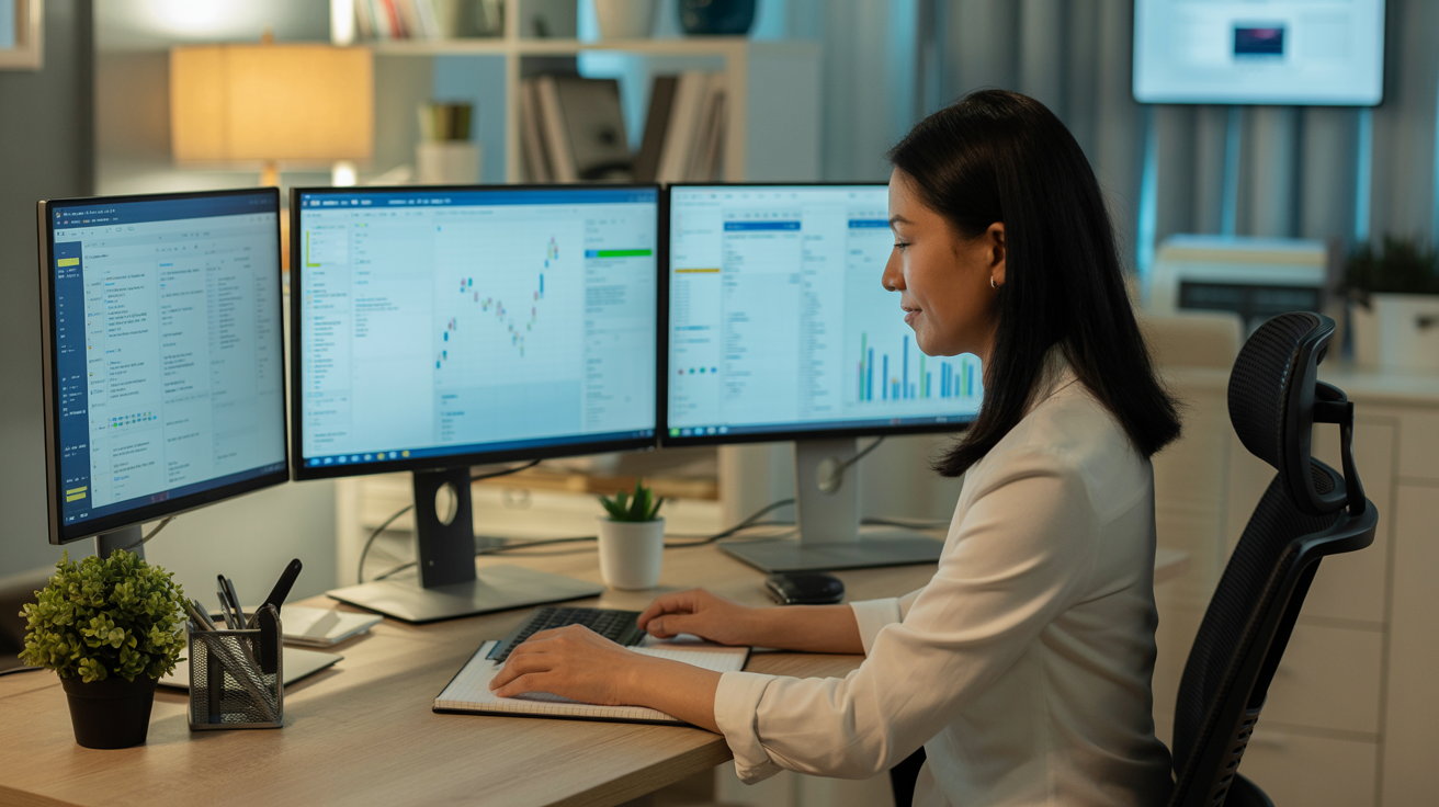 This image shows a professional woman seated at a desk in a modern office environment, working on a computer setup with three large monitors. The screens display various types of analytical data, including financial charts, graphs, and spreadsheet-like documents. The workspace is organized with office essentials such as potted plants, stationery holders, and a notepad. The setting suggests a role in data analysis, finance, or business intelligence, highlighting multitasking and data-driven decision making.